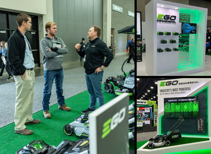 Men talking at the EGO Commercial booth at Equip Expo 2024