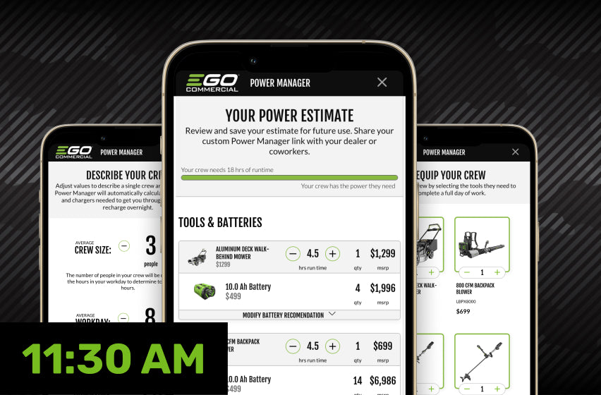 Example screenshots from the EGO Commercial Power Manager app